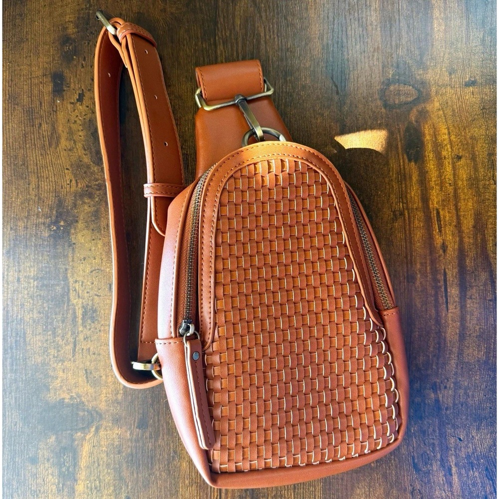 Urban Originals Anthropologie Woven Vegan Leather Sling Bag Cognac Tan Crossbody